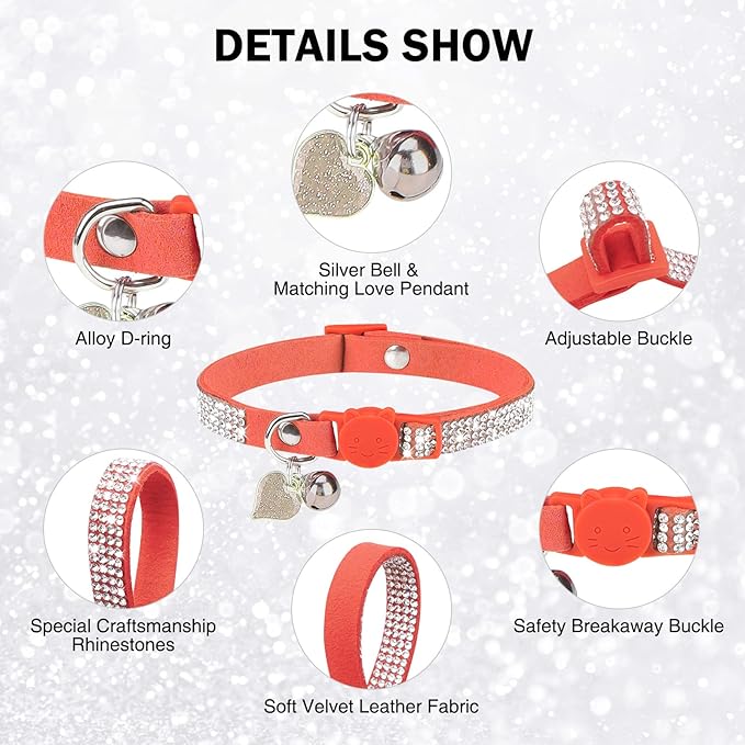Rhinestone Cat Collar Breakaway with Bell, Diamond Cat Collar with Safety Buckle Quick Release for Girl Boy Small Kitten Pets Puppy,Cute Soft Female Male Cat Collars, Color Orange 8-12"