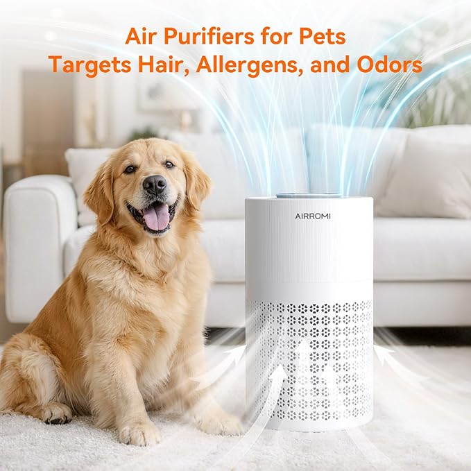 AIRROMI Air Purifier for Bedroom with HEPA 3-in-1 Filter, Pet Air Purifier for Home Cat Pee Smell, Covers Upto 990 Ft², Quiet 360° intake Air Cleaner for pet hair,allergies,Dust,Smoke A2001 White