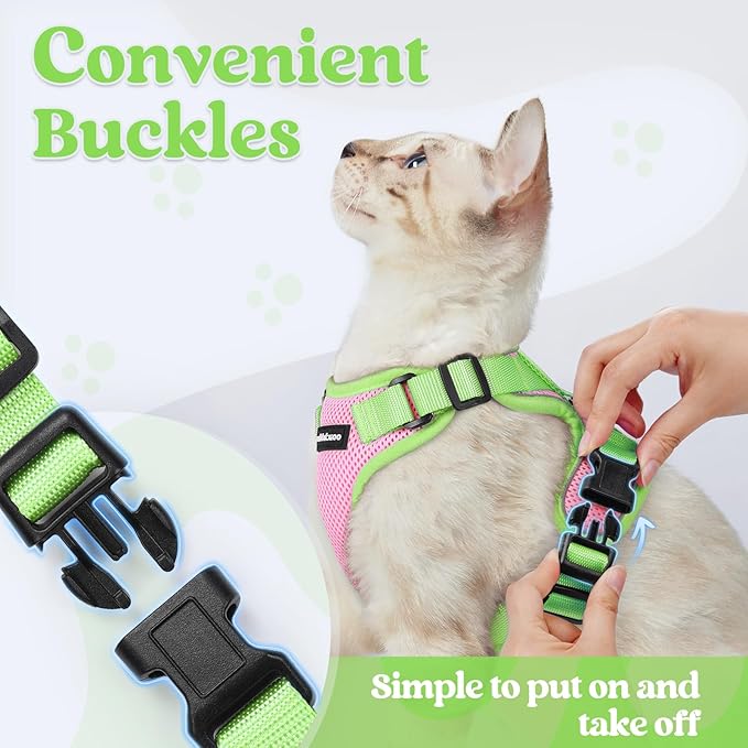 rabbitgoo Cat Harness and Leash Set, Escape Proof Soft Adjustable Vest Harnesses for Outdoor Walking, Easy Control Breathable Kitten Jacket with Reflective Strips, Pink & Light Green, XXS