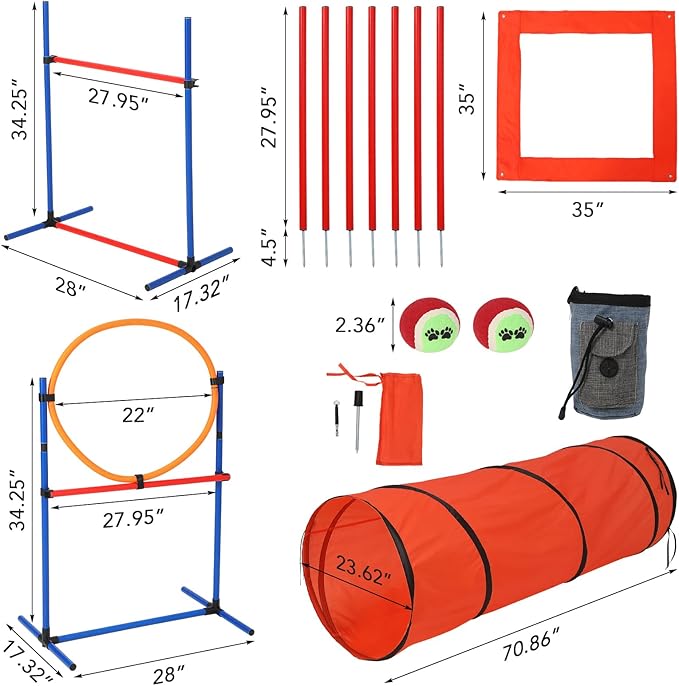 CuisinSmart Dog Agile Course Backyard Set, Dog Obstacle Course Backyard with 2-Set Agility Hurdle,Jump Ring, Tunnel, Pause Box, 8 Weave Poles, Toy Balls & Portable Storage Bags,Dog Agility Equipment