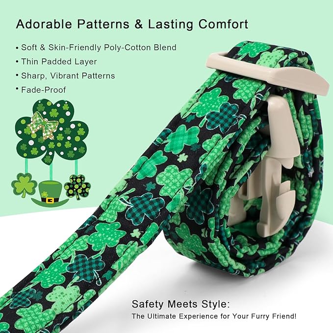 St Patricks Day Dog Collar for Medium Dogs - Green Lucky Clover Dog Collars, Lightweight Adjustable Irish Festival Shamrock Dogs Collars with Quick Release Buckle M