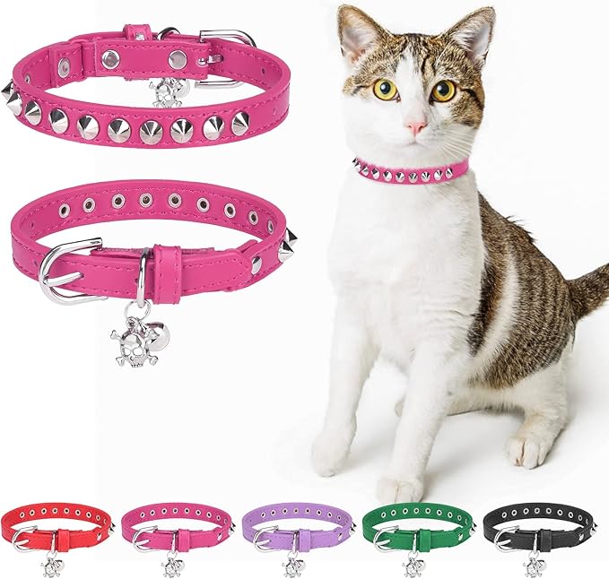 Leather Cat Collars for Boy Girl Cats with Bell and Safety Elastic Belt, Personalized Rivets Stud Adjustable Safe Buckle Collar with Skull Charm for Kitty Small Pets, Halloween Cat Collar