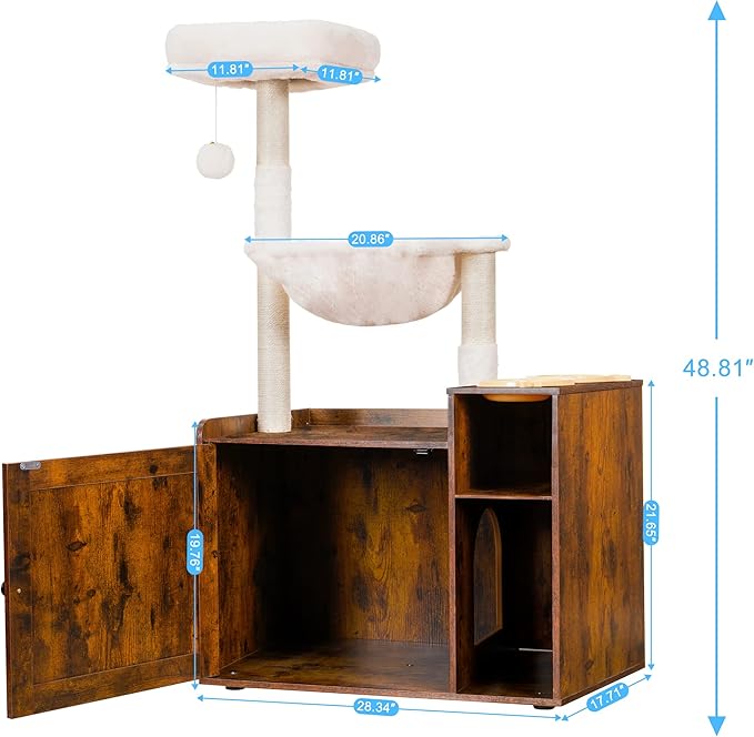 Hey-brother Cat Tree with XL Litter Box Enclosure, All-in-one Cat Tower for Indoor Cats with Large Hammock, Bed, Food Station, Scratching Posts, Modern Style Pet Furniture, Rustic Brown MPJ101SR