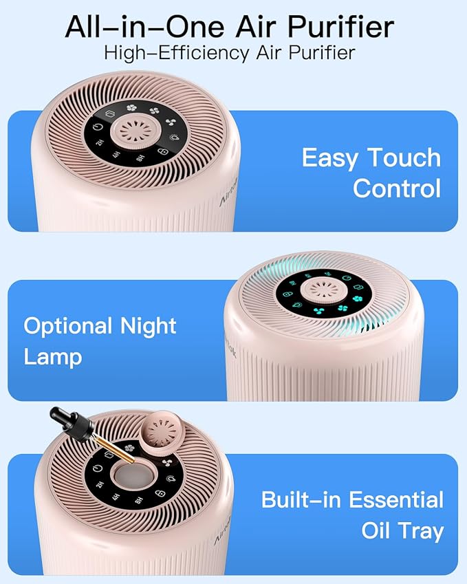 2 Pack Air Purifier for Home Bedroom with H13 True HEPA Filter for Smoke, Smokers, Dust, Odors, Pollen, Pet Dander | Quiet 99.9% Removal to 0.1 Microns | Pink Available for California