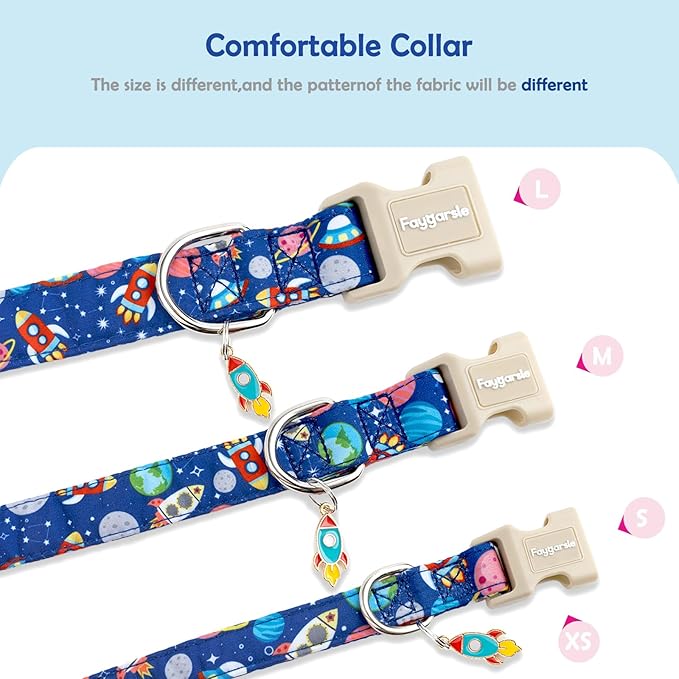 Faygarsle Space Theme Dog Collar, Navy Blue with Rockets and Planets Pattern for Summer Small Medium Large Dogs L