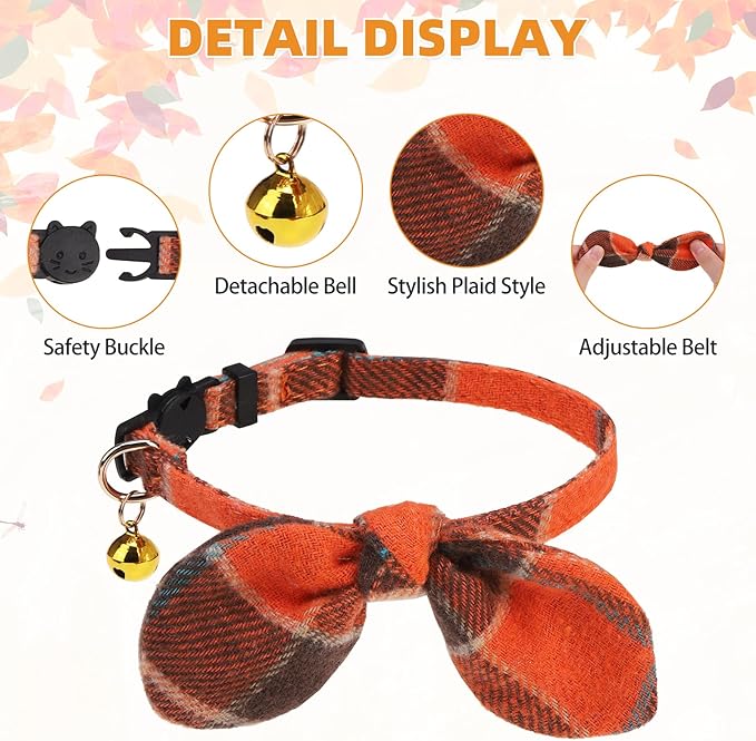 KOOLTAIL Cat Collar Breakaway with Bowtie and Bells, 2 Pack Cute Kitten Collars for Boys & Girls, Classic Plaid Design with Safety Buckle Adjustable for Small Large Cats Puppy,Yellow & Orange