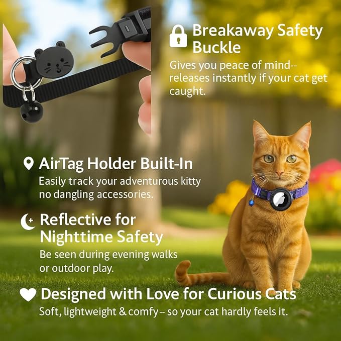 AirTag Cat Collar Breakaway – Reflective Kitten Collar with Holder for Apple AirTag, Bell, Adjustable Lightweight Nylon for Boy & Girl Cats (Fits 8.66–13.78 in)