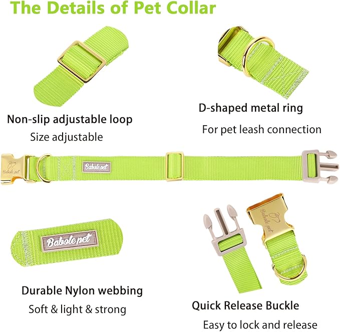 Nylon Dog Collar - Adjustable Fluorescent Green Soft Webbing Dog Collars for Small Medium Large Dogs Boy Girl Puppy Collar with Safety Metal Buckle L