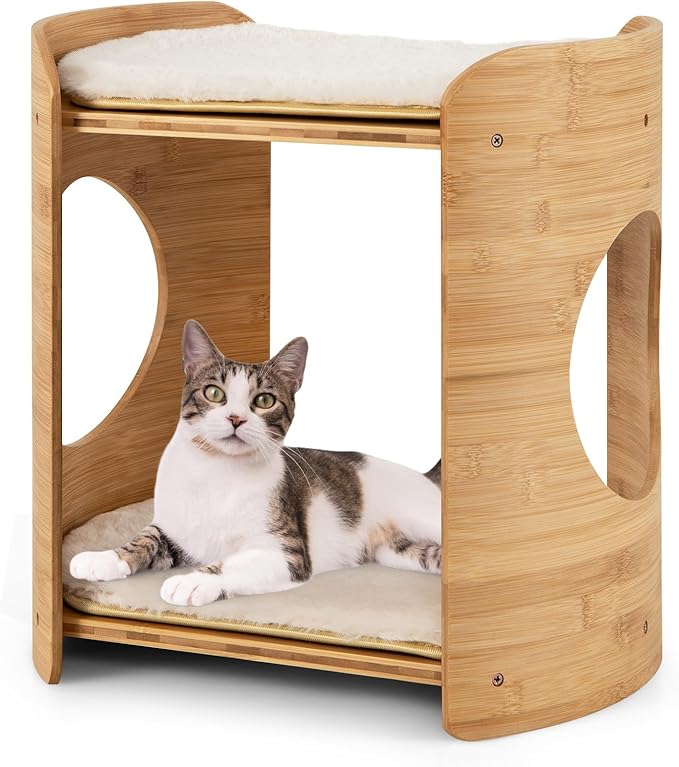 Tangkula Elevated Cat Bed for Indoor Cats, 2-Tier Cute Small Cat Tree Tower with Natural Bamboo Frame, Removable & Washable Soft Plush Mats, Cat Holes, Farmhouse Pet Furniture