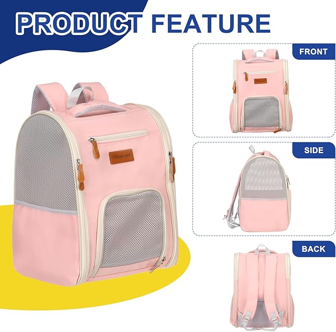 Pet Backpack Carrier, Portable and Ventilated, Oxford Cloth, Dogs Cats and Little Animals Travel Bag 12.6", (Pink, 1 Pcs), Intended for Hiking/Camping/Traveling