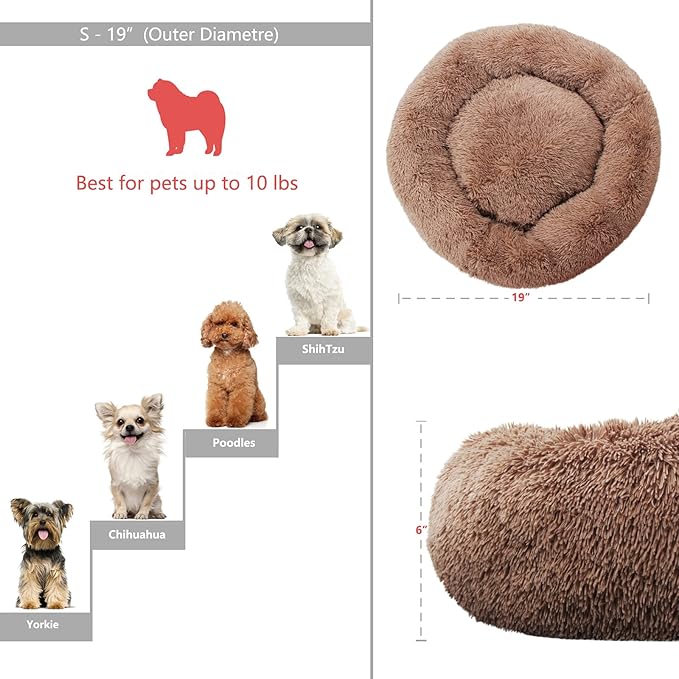 Calming Donut Dogs Beds for Small Dogs Washable,19inch Fluffy Round Puppy Bed for Puppies,Cats & Toy Breeds with Raised Rim,Fits up to 15 lbs Pets,Camel