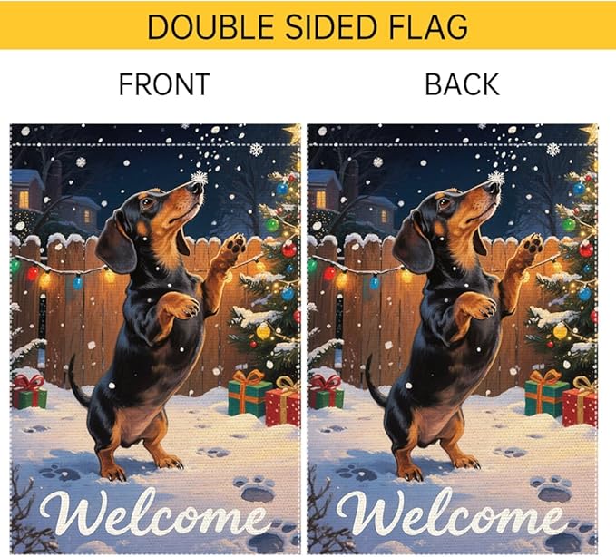 Dachshund Welcome Garden Flag 12x18 Inch Double Sided Christmas Burlap Yard Banner Winter Holiday Outdoor Decor for Dog Lovers Home Seasonal Decoration