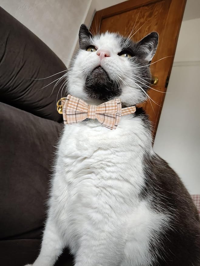 2 Pack Cotton Cat Collar, Removable Bowtie, Plaid Pattern, Safety Breakaway Clasp, Adjustable for Cats.(Adult Cat, Beige and Red)