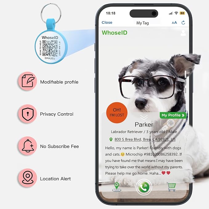 ESA Dog Tag, QR Code Dog Tag, Modifiable Free Pet Online Profile, Scannable QR Code, Scan QR Send Instant Location Alert Email, Silicone Lightweight ID Tag for Dog and Cat (Blue, Regular)
