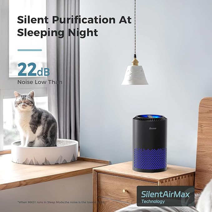 AROEVE Air Purifiers for Bedroom Home, Air Purifier For Smoke Pollen Dander Hair Smell Air Cleaner with Sleep Mode Speed Control For Bedroom Office, MK01- Black(Available for California)