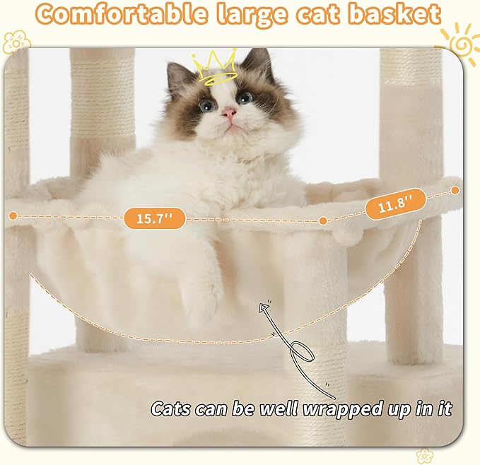 Heybly Cat Tree, Kitten Tower with Large Soft Cat Basket, Cat Condo with Spacious Cat Bed Cave with Hidden Space, Sisal-Covered Scratching Posts, Dangling Ball for Indoor Cats, Beige HCT008SM