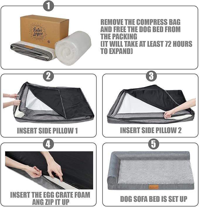 Patas Lague Orthopedic XL Dog Bed Large Sized Dog 48''X30'', Waterproof L Bolster Big Pet Sofa Beds with Removable Washable Cover, Soft Comfortable Pet Couch Crate Mat with Nonskid Bottom, Purple