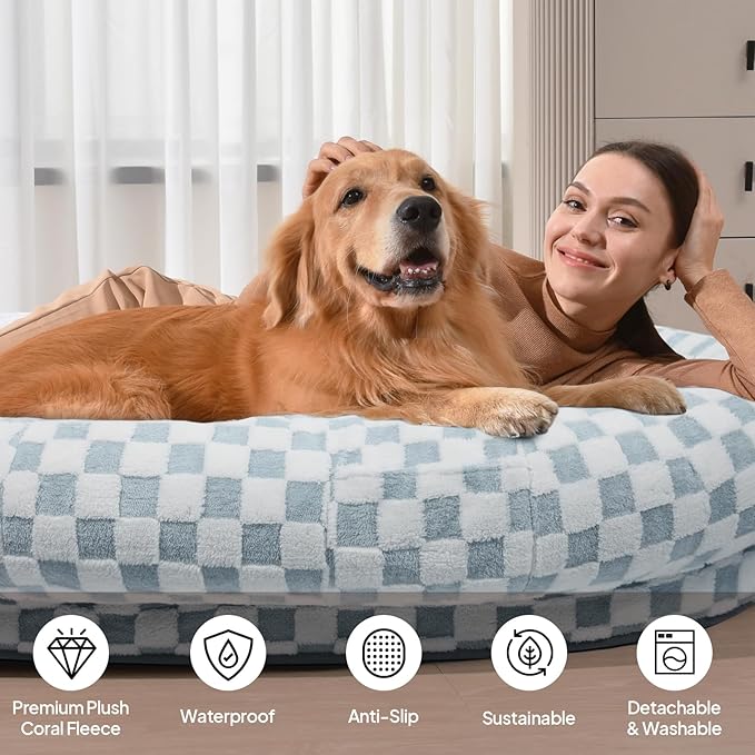 Extra Large Human Dog Bed for Adults, 74"x50"x12", Waterproof Machine Washable with Anti-Slip Bottom, Plush Pet Bed for People, Funny Gift for Dog Lovers & Parties, Blue Grid