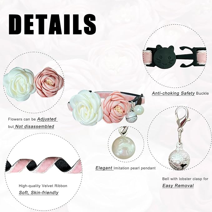 Fupo Pink Cat Collars for Girl Cats - Fancy Cat Collar Breakaway with Flowers Adjustable from 7.5" to 11.8" for Girl Kitten Puppy Small Cats Dogs (Pink)