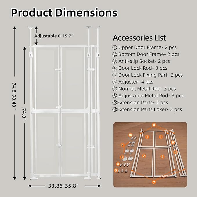74.80-98.43'' Extra Tall Cat Gate, Adjustable 33.86” and 35.80" Wide, Transparent Full Door Pet Gate, Auto Close No Drilling Cat Proof Safety Gate for Doorway Stairs- White