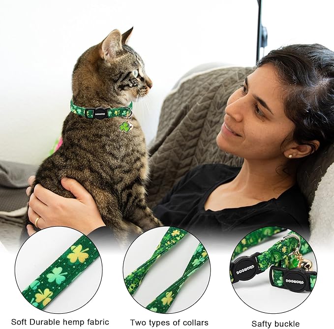 2 Pack St.Patrick's Day Kitten Collars,DOGWONG Cute Shamrock Breakaway Kitty Collars,Spring Green Trefoil Cat Collar with Bell, Lucky Clover Kitten Collars for Girl & Boy Cats