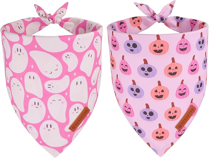 ADOGGYGO Pink Halloween Dog Bandanas 2 Pack, Reversible Ghost Pumpkin Scarf Bib, Adjustable Fit Pink Halloween Bandana for Small Dogs Girl (Small)