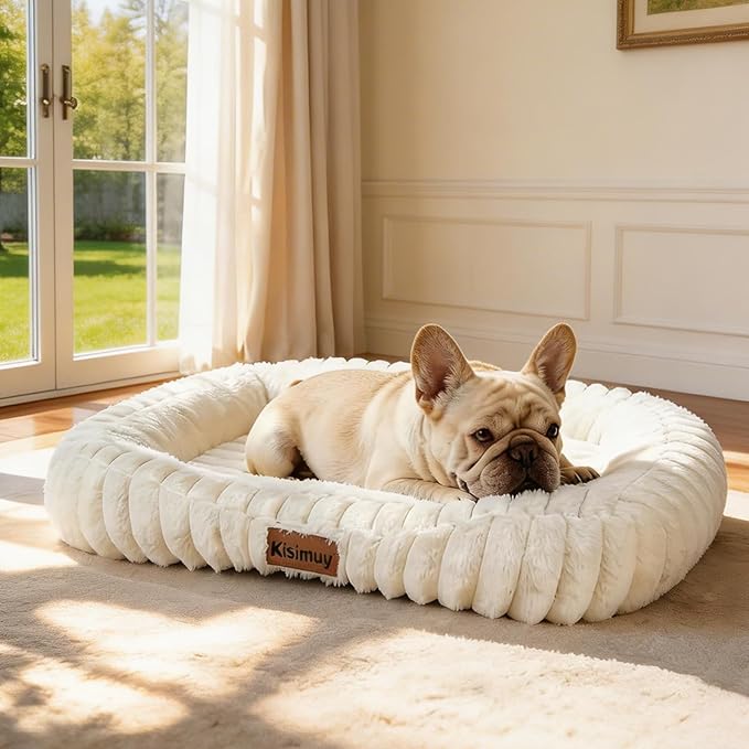 Washable Dog Bed for Medium Dogs – Soft Plush Calming Puppy Bed with Anti-Slip Bottom & Portable Handle, Orthopedic Rectangle Anti-Anxiety Pet Bed for Kennel/Crate, 30"x24"x5", Cream