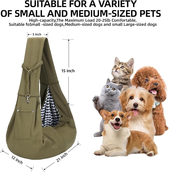 Dog Carrier Sling - Reversible Puppy Carrier Purse with Storage Pocket, Hand-Free Dog Sling Carrier for Carry Small Dogs and Cats, Travel Safety Harness, Dog and Cat Harness (Green)