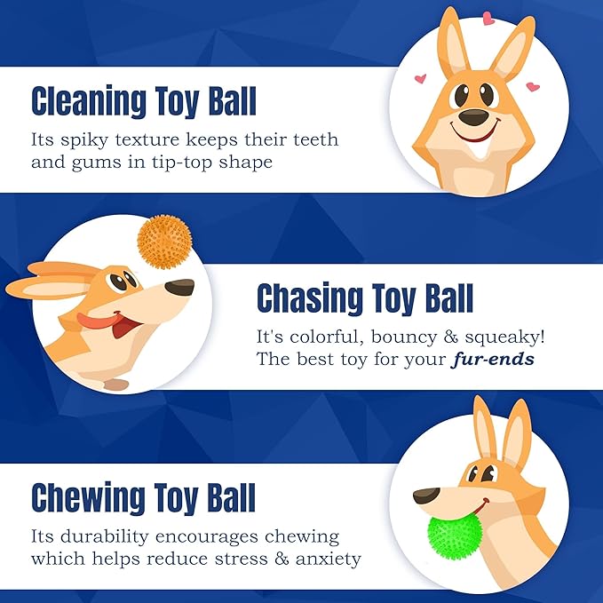 Meric CoCoo 3-Pack Squeaky Dog & Ferret Ball Toys, 2.3", Massage Teeth and Gums, Spikey Cat Rubber Balls, Toss Fetch Squeeky Doggy Balls for Multi-Pet Homes