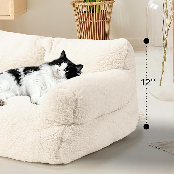 Large Cat Beds for Indoor Cats, Dog Couch Bed, Cute Cat Couch Sofas for Less 20lbs Kitten Puppy, Small Dog Sofas & Chairs with Removable Washable Cover, Soft Warm Pet Furniture, Cream