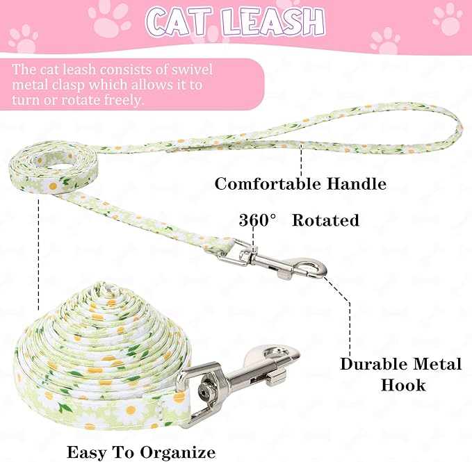 2 Pack Floral Cat Harness and Leash, Escape Proof Adjustable Kitten Harness with Leash Collar, Lightweight Soft and Comfortable for Small Medium Cat Safe Walking and Travel