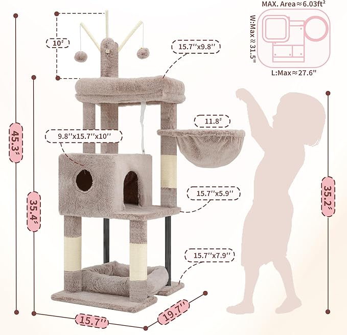 Heybly Cat Tree, 45.3-Inch Cat Tower for Indoor Cats with Large Perch, All-in-One Cat Furniture with Cozy Bed, Hidden Space Cat Condo, Comfy Hammock, Scratching Posts & 3 Pompoms, Muchroom HCT202SMU
