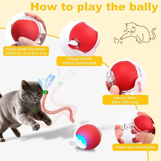 3-Pack Interactive Cat Toys Ball for indoor Cats＆Dog,Automatic Cat Toy with Smart Obstacle Avoidance Ball with Elastic Mesh Tail,8 Cat Spiral Spring,Cat Enrichment Toys for Indoor Cats(RedYellowBlue)