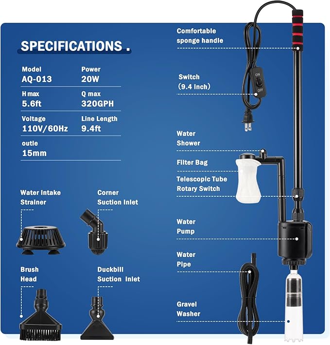 AQQA Aquarium Gravel Cleaner Kit, 6 in 1 Electric Fish Tank Vacuum Cleaning Tools Water Changer, Multifunction Wash Sand Filter Water Circulation 20W 320GPH 110V