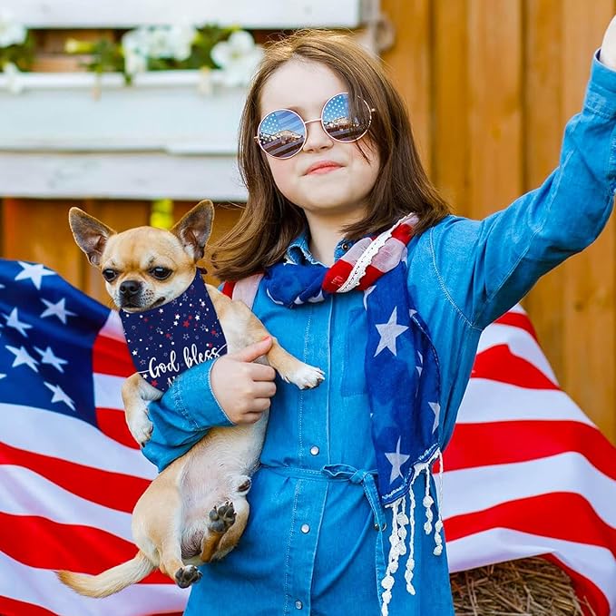 4th of July Dog Bandanas, Patriotic Party Pet Decorations 2 Pack, Adjustable Independence Day Holiday Bandana American Flag Triangle Bibs Cat Scarf Set