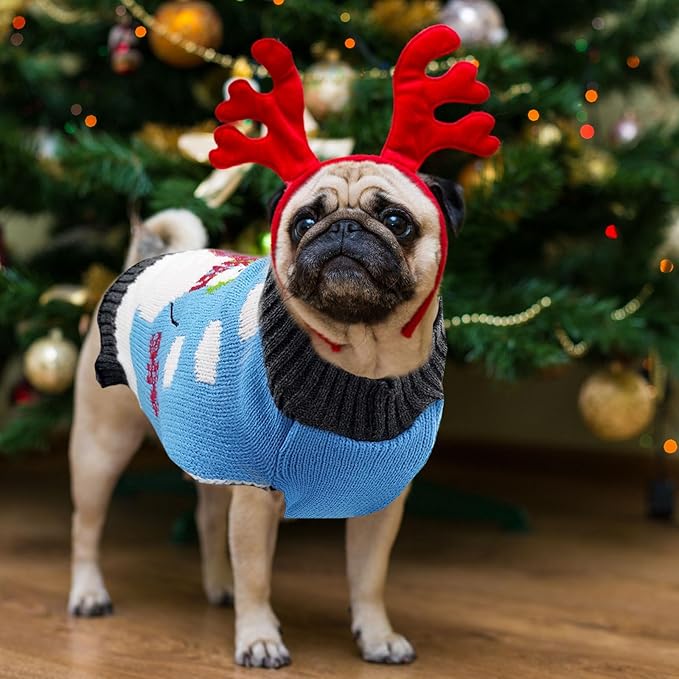 Pet Christmas Dog Sweaters Cute Animal Snowman Printed Puppy Xmas Costumes Winter Warm Turtleneck Jumpers Puppy Knitted Clothes Cat Outfits (XL, Blue Snowman)