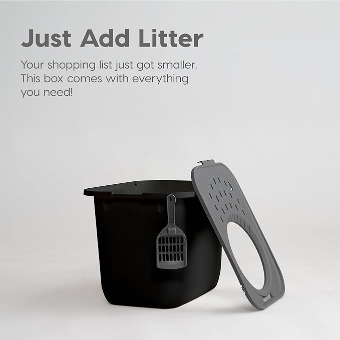 IRIS USA Cat Litter Box, Large Cat Box Enclosure, Top Entry with Litter Catching Lid, Enclosed with Scoop, Black/Gray