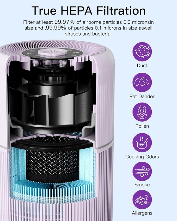 2 Pack Air Purifier for Home Bedroom with H13 True HEPA Filter for Smoke, Smokers, Dust, Odors, Pollen, Pet Dander | Quiet 99.9% Removal to 0.1 Microns | Purple Available for California