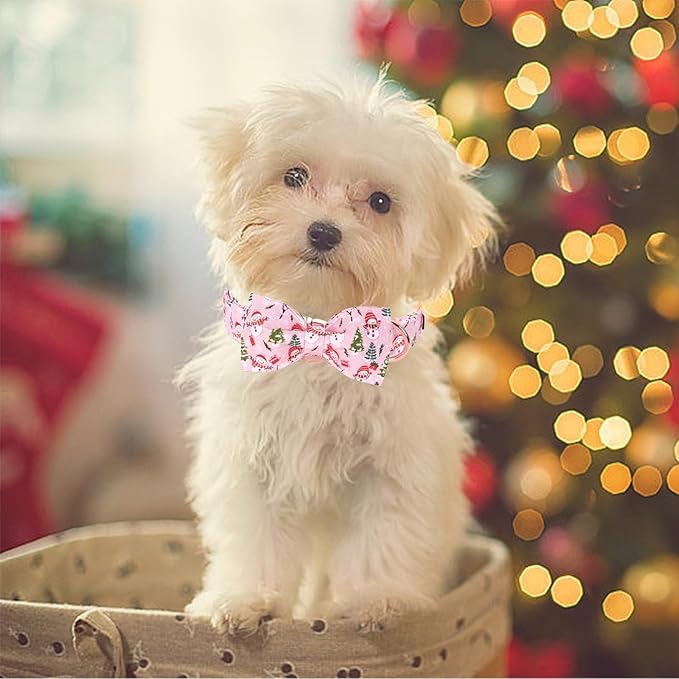 Christmas Dog Collar, Christmas Tree and Snowman Print Cute Winter Holiday Collars Cotton Adjustable Comfortable Pink Dog Collar with Bow,Stylish Collars for Small Girl Dogs