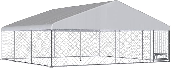 15FTx15FT Outdoor Dog Kennel with Roof, Outside Dog Run Fence with Rotated Dog Bowls, Large Dog House Pen Enclosure with Secure Lock&Textilene Door