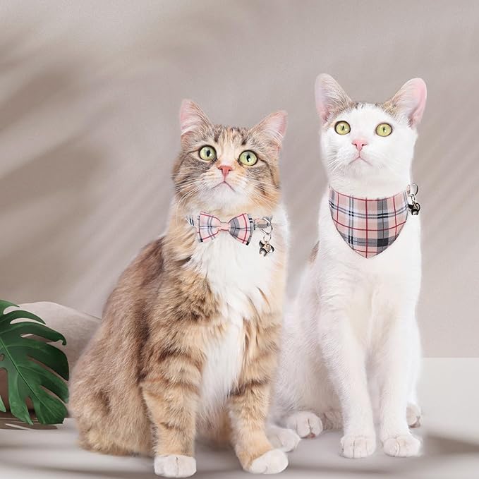 SCENEREAL Plaid Cat Collar with Bow Bandana - 2 Pack Breakaway Kitten Collar with Removable Bowtie Bell, Adjustable Cute Cat Collar for Cats Kittens, Beige