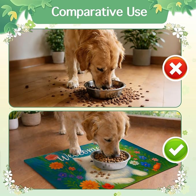 Welcome Spring Pet Feeding Mat 24" x 16"White Dog Floral Design Non Slip Cat and Dog Bowl Mat Easy Clean Pet Mats for Food and Water Fast Dry Pet Food Mat Absorbable Pet Feeding Pad