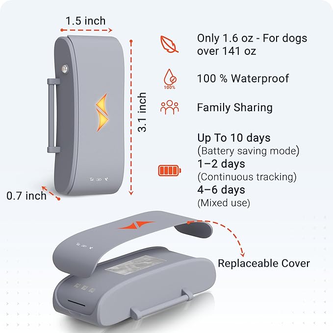 PAJ GPS Tracker for Dogs - 4G GPS Collar Tag with Real-Time Location Tracking & Runaway Alert - Waterproof & Up to 10 Days Battery Life - Fits Any Collar w/Glowing LEDs - Subscription Required - Grey