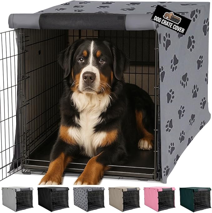 GORILLA GRIP Dog Crate Covers compatible with Amazon Basics Dog Crates, All Sides Open, Privacy Cover Fits 48" Wire Kennel, Breathable Mesh Windows, Light Reducing Puppy Training Cage Topper, Gray Paw
