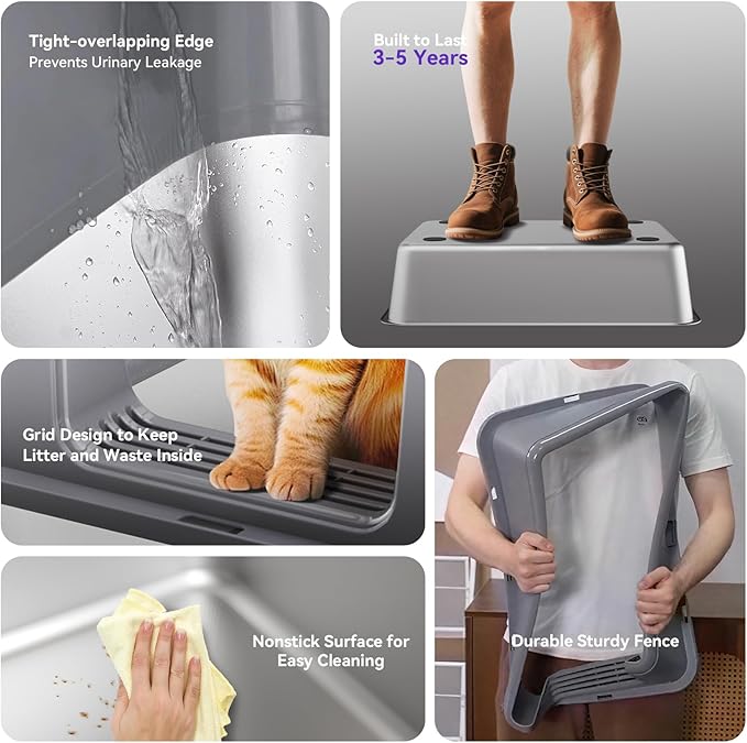 2 Pack Stainless Steel Litter Box, XL Enclosed Cat Litter Boxes, Metal Litter Pan with High Sides Odor Free Non Sticky Easy Cleaning, Grey