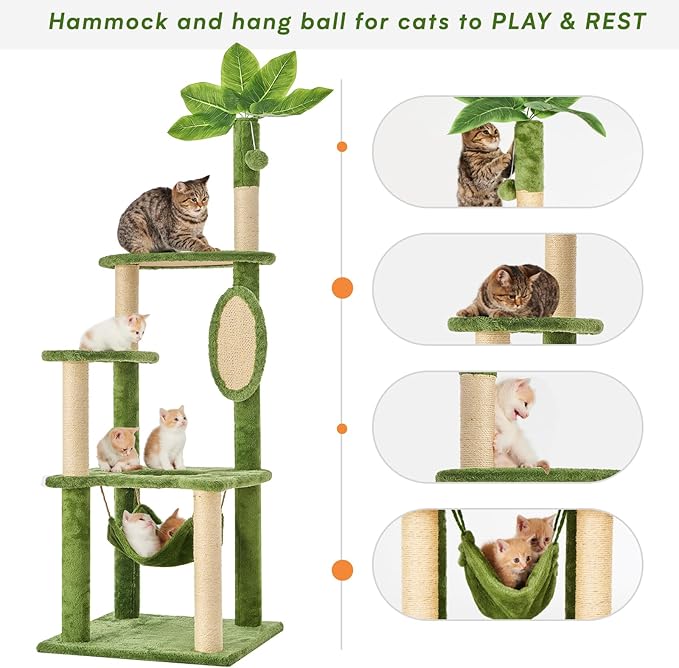 Cat Tree for Indoor Cats, 55 Inch Cat Tower with Rotating Scratching Board, 4 Sisal Posts & Leaf Top Design, Modern Cat Furniture for Multiple Cats (No House), Green