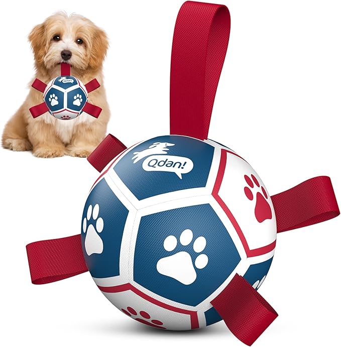 QDAN Small Dog Toys, Outdoor Indoor Toys to Keep Them Busy, Soccer Ball with Straps, Puppy Birthday Gifts, Dog Water Toy, Durable Puppy Balls（5 Inch）