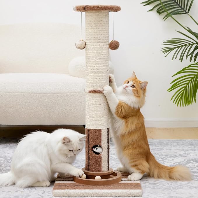 34inches Tall Cat Scratching Post with Cat Ball Track Toy Heavy Duty and Thicker Large Diameter Natural Sisal Cat Scratcher Post for Large Cats and Small Cats Protect Your Furniture