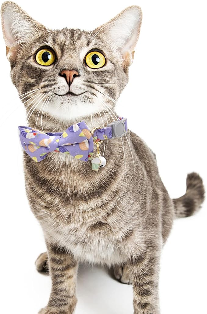Faygarsle 2 Pack Cute Breakaway Cat Collar With Bell and Bowtie for Male Female Cats - Soft Fancy Pink Purple With Ice Cream Doughnuts Pattern - Summer Collar for Boy Girl Cats
