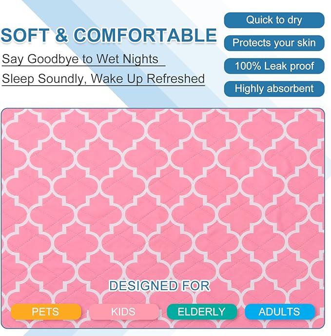 OUTCREATOR® Washable Bed Pads 34" x 76" (Pack of 2), Incontinence Mattress Protector, Anti-Slip Waterproof Underpads for Adults Kids Elderly Pets, Absorbency & Reusable Bedwetting Pads (Pink)